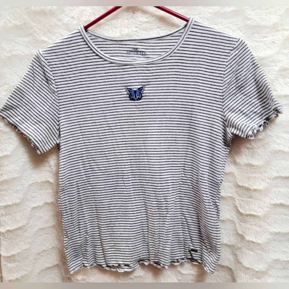 Hollister Butterfly Embroidered Lettuce Hem Striped Tee